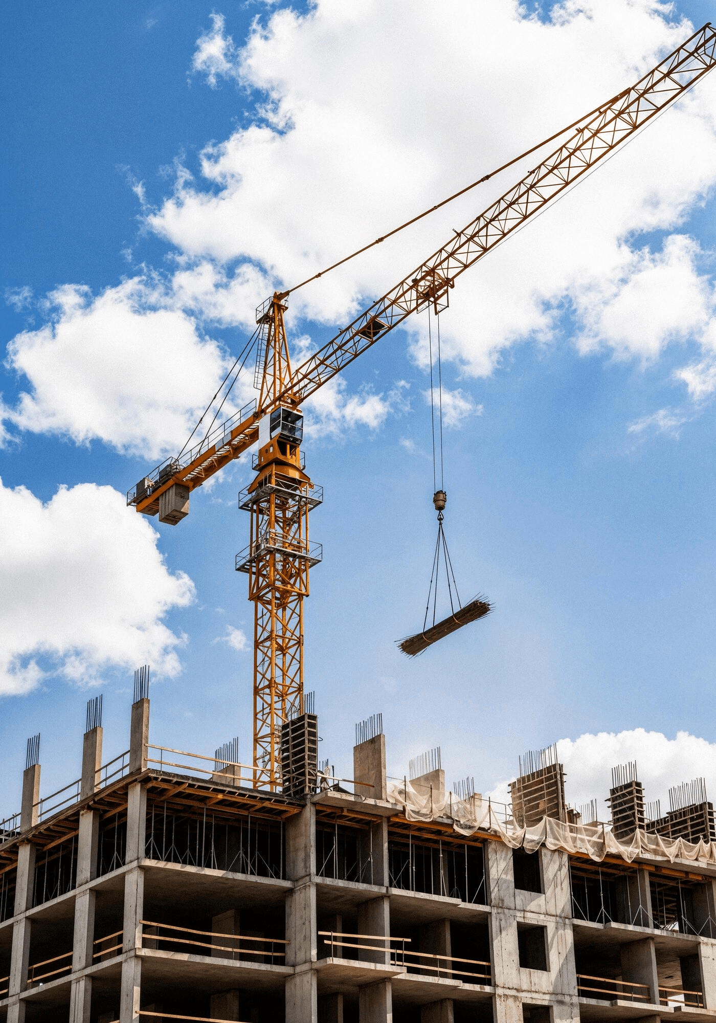 Tower crane above a reinforced concrete frame under construction